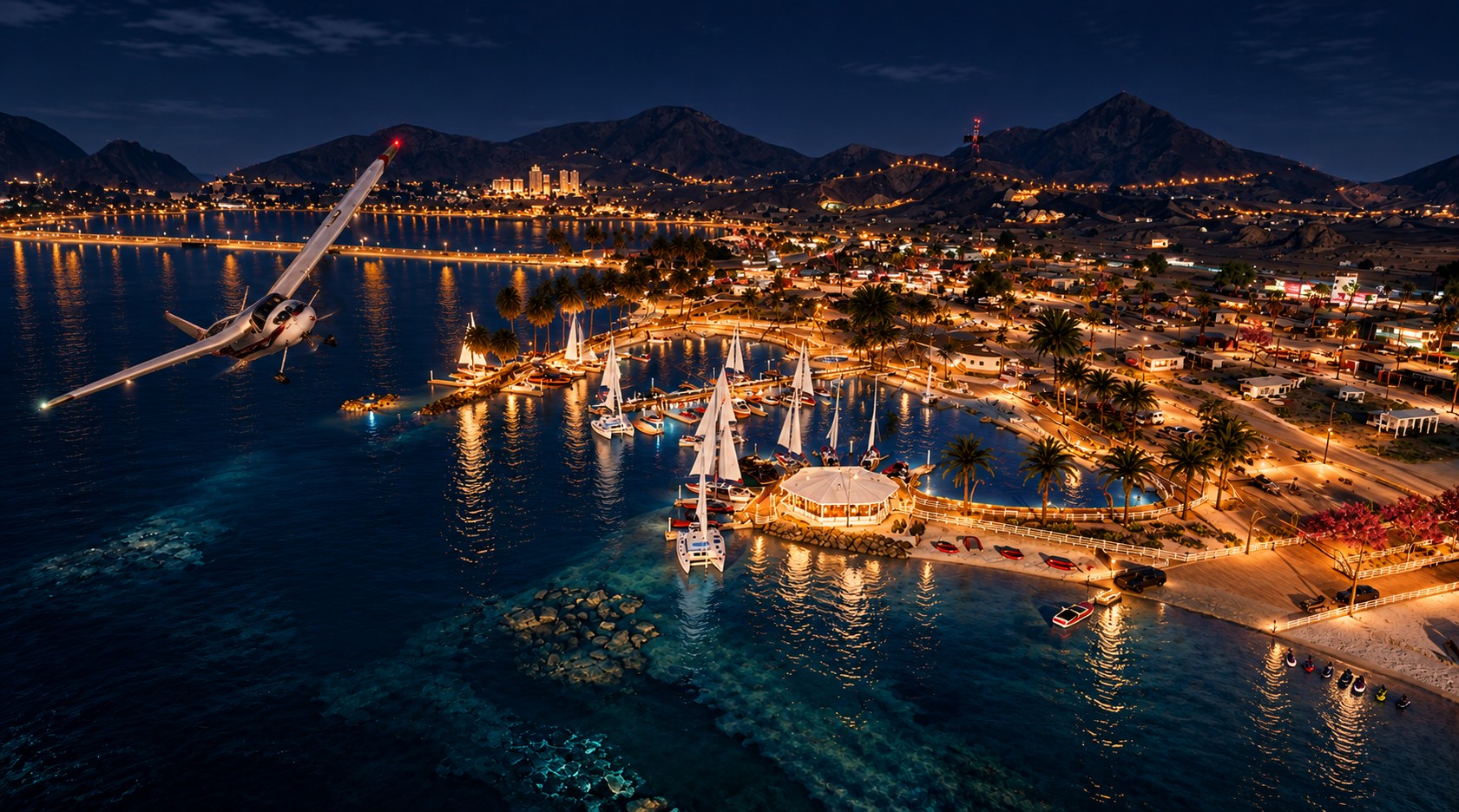 Vue aérienne nocturne de la marina et des montagnes, avec un avion au-dessus du lac