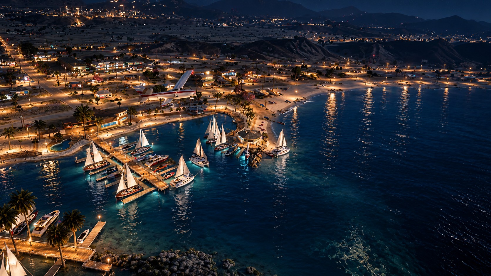 Vue panoramique nocturne des pontons et du rivage de Sandy Shores