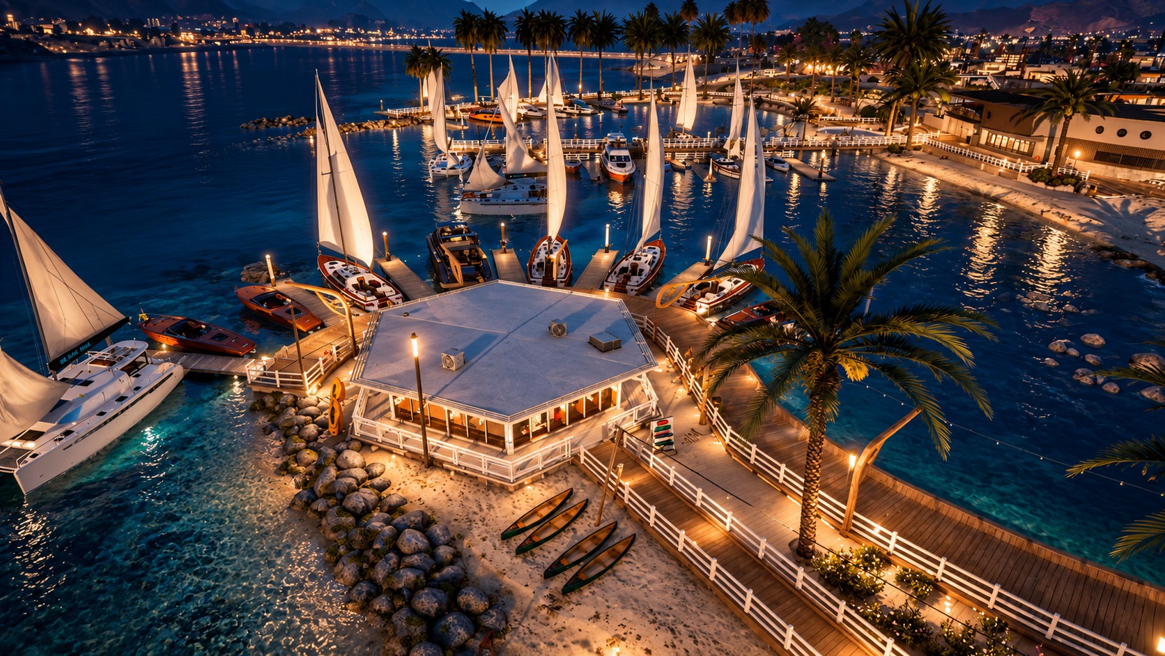 Marina, yachts et reliefs au coucher du soleil